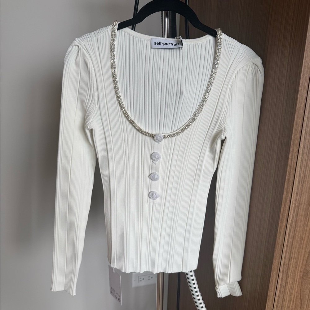 NWT Self-Portrait Cream Ribbed Long-Sleeve Top with Embellished Scoop Neck